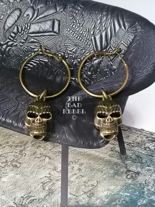 Original Boucles D'oreilles Creole Homme !! SKULL !! en Metal bronze creole T.2.5cm x 2.5cm 