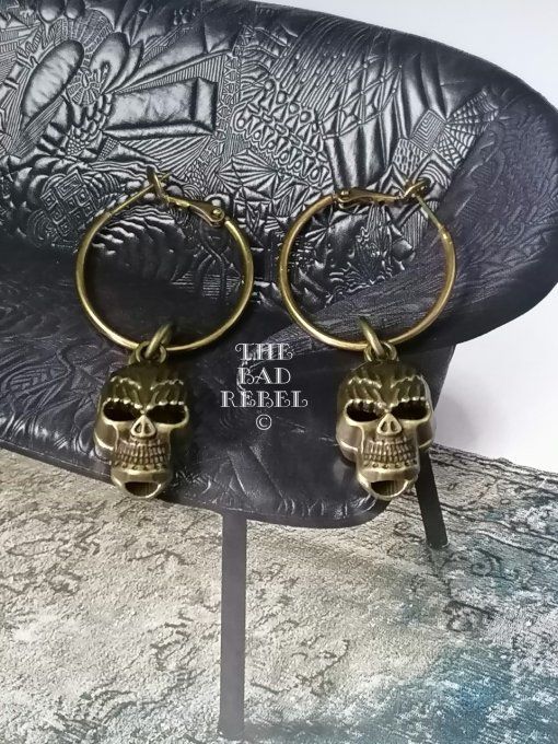 Original Boucles D'oreilles Creole Homme !! SKULL !! en Metal bronze creole T.2.5cm x 2.5cm 