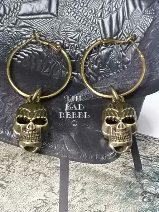 Original Boucles D'oreilles Creole Homme !! SKULL !! en Metal bronze creole T.2.5cm x 2.5cm 