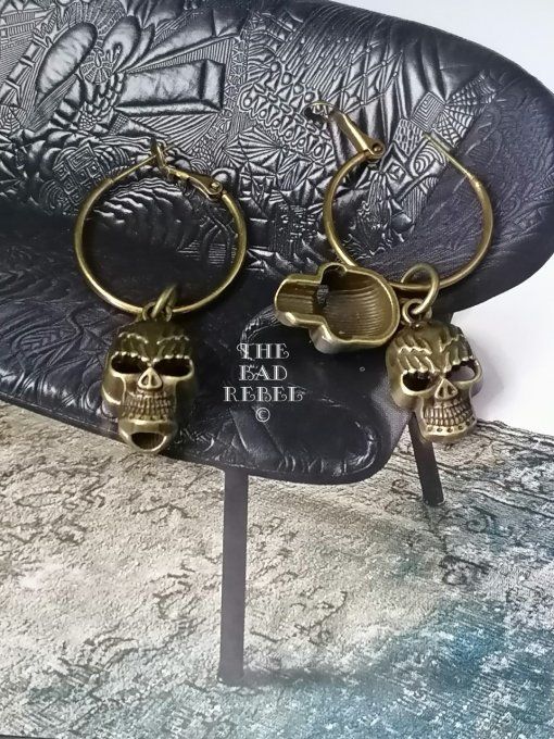 Original Boucles D'oreilles Creole Homme !! SKULL !! en Metal bronze creole T.2.5cm x 2.5cm 