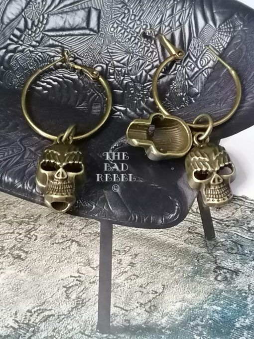 Original Boucles D'oreilles Creole Homme !! SKULL !! en Metal bronze creole T.2.5cm x 2.5cm 