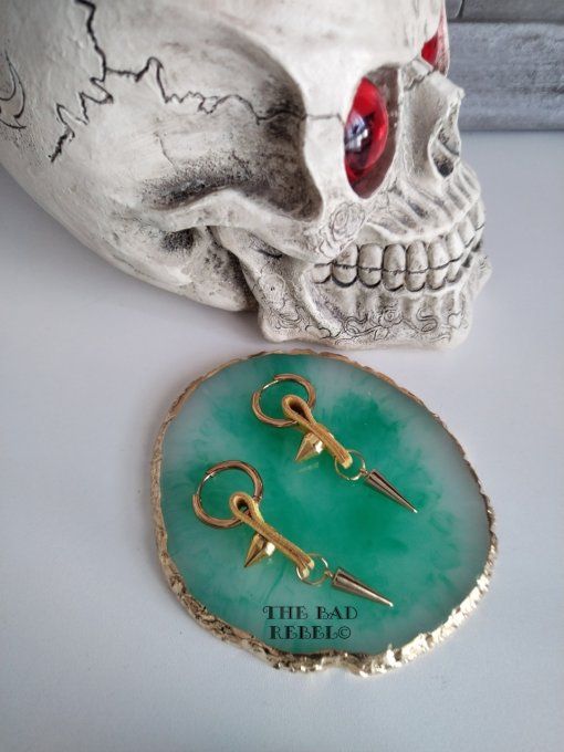 Original creoles Placage Or 14KT Homme !! DOUBLE SPIKE !! Jaune en Cuir et Acier Inoxydable Long 