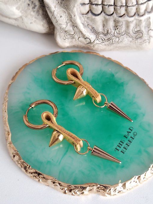 Original creoles Placage Or 14KT Homme !! DOUBLE SPIKE !! Jaune en Cuir et Acier Inoxydable Long 