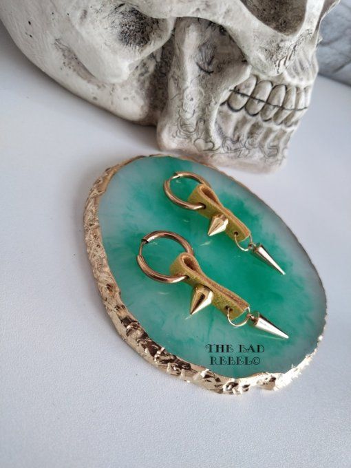 Original creoles Placage Or 14KT Homme !! DOUBLE SPIKE !! Jaune en Cuir et Acier Inoxydable Long 