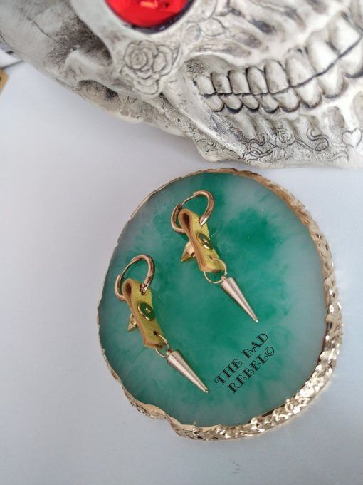 Original creoles Placage Or 14KT Homme !! DOUBLE SPIKE !! Jaune en Cuir et Acier Inoxydable Long 