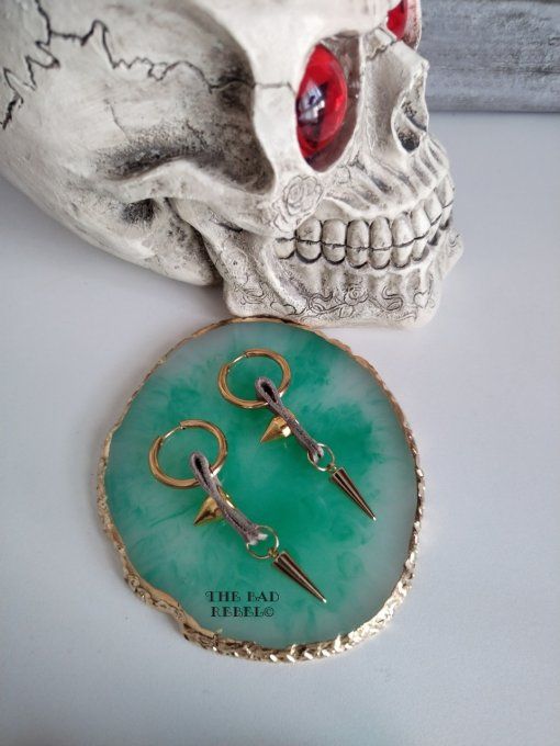 Original creoles Placage Or 14KT Homme !! DOUBLE SPIKE !!beige en Cuir et Acier Inoxydable 