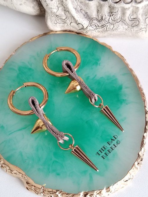 Original creoles Placage Or 14KT Homme !! DOUBLE SPIKE !!beige en Cuir et Acier Inoxydable 