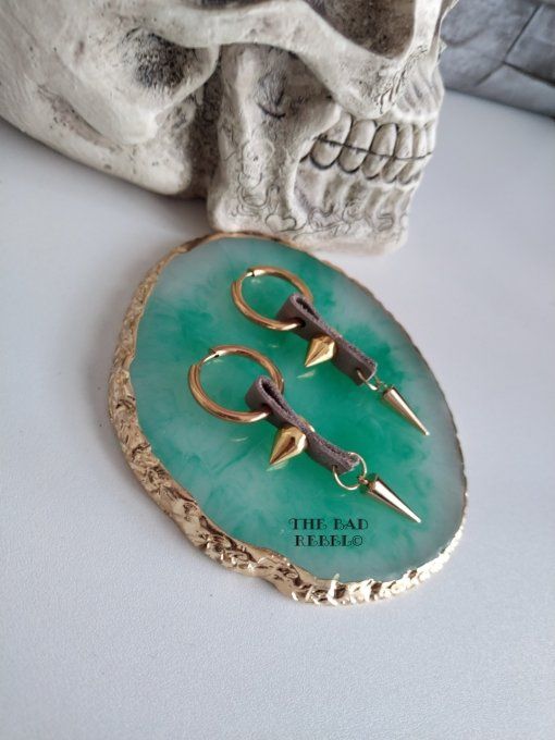Original creoles Placage Or 14KT Homme !! DOUBLE SPIKE !!beige en Cuir et Acier Inoxydable 