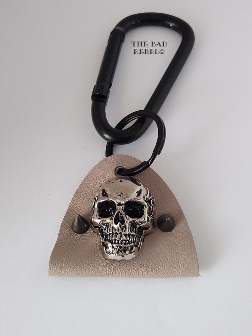 Original Porte-Cles Homme !! SKULLY SPIKE !! Tete de mort noir cuir beige spikes en gun metal T.14cm
